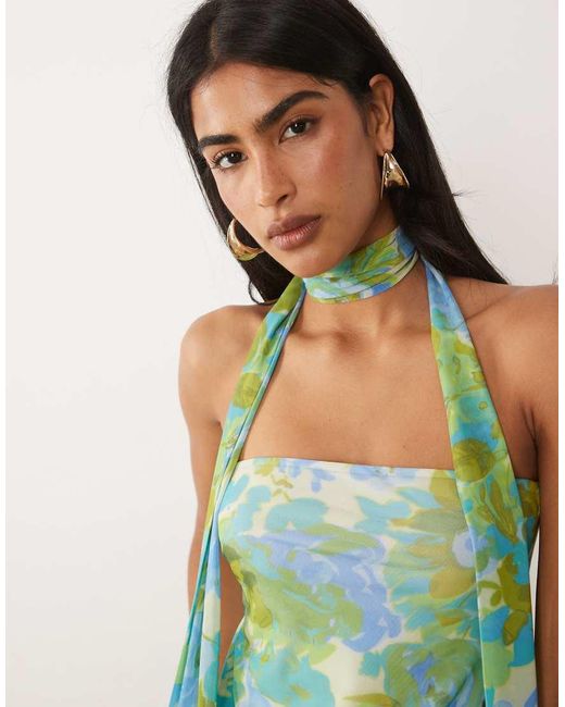 ASOS Green Printed Mesh Bubble Scarf Top With Knot