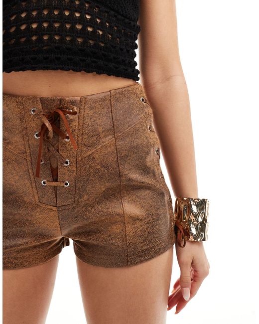 ASOS Black Washed Leather Look Hotpant Shorts With Lace Up Detail