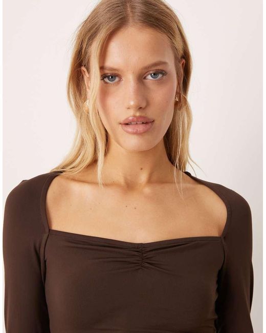 ASOS Brown Wide Sweetheart Neckline Long Sleeve Top