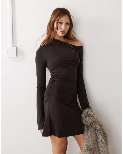 Weekday Black Erin Long Sleeve Asymmetric Shoulder Mini Dress With Ruched Sides