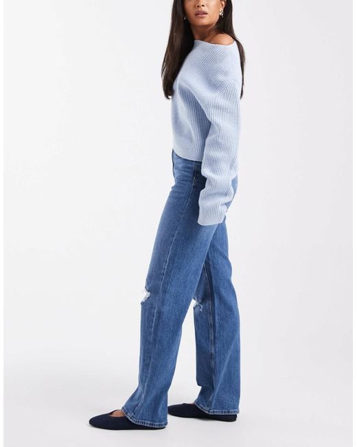 Vero Moda Blue Tessa High Waisted Wide Leg Jeans With Distressed Knees