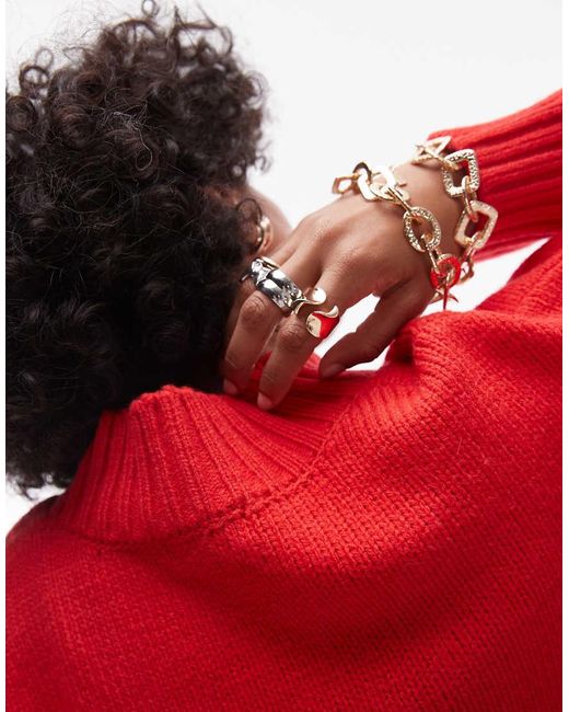 TOPSHOP Red Knitted High V-neck Clean Jumper