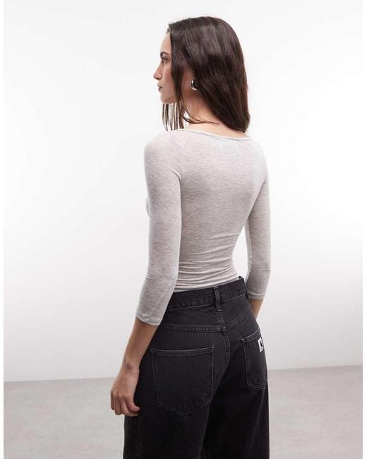 Weekday Brown Three Quarter Length Sleeve Henley Top With Layered Effect
