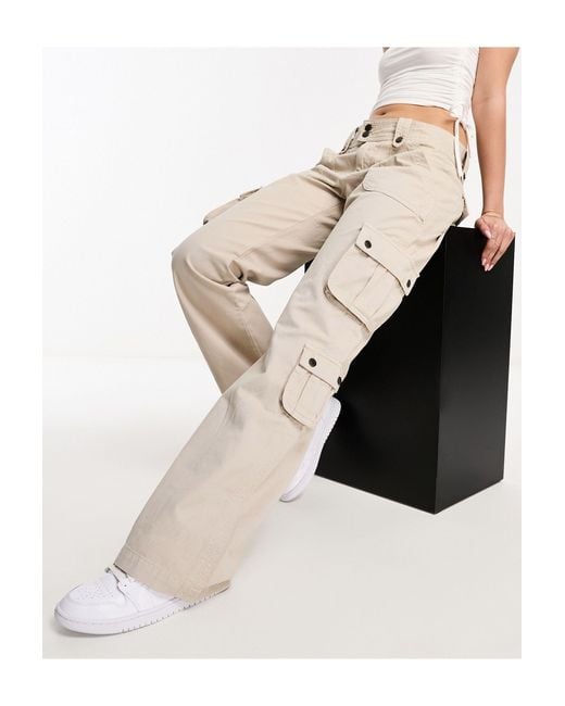 Pull&Bear Natural Low Waist Popper Detail Cargo Trousers