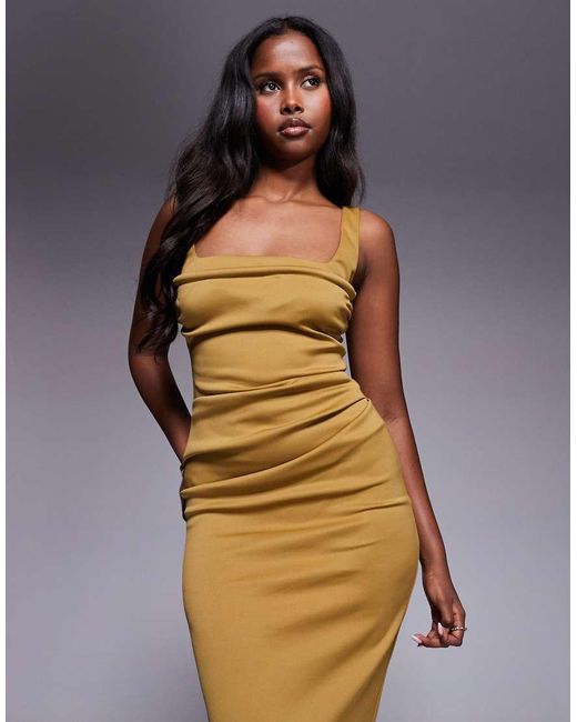 ASOS Blue Square Neck Ruched Midi Dress With Neckline Detail