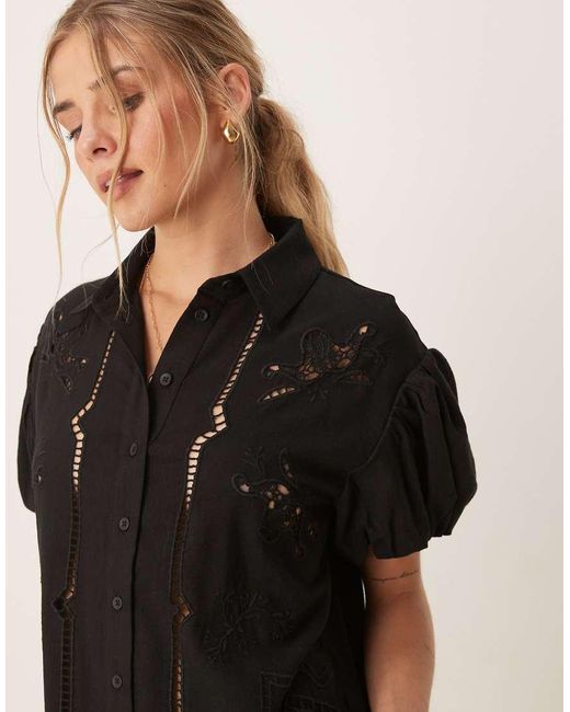 ASOS Black Twill Short Sleeve Broderie Mini Shirt Dress With Tonal Stitching