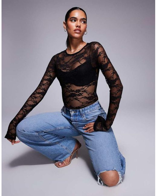 Princess Polly Blue Feelix Long Sleeve Sheer Lace Body