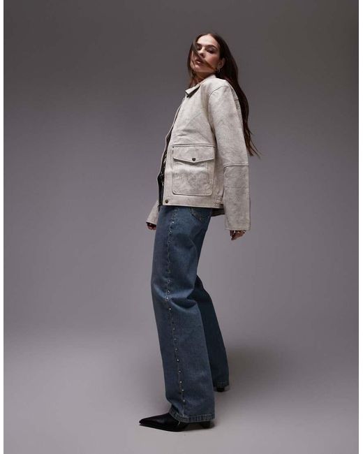 Urbancode Gray Cracked Leather Patch Pocket Harrington Jacket