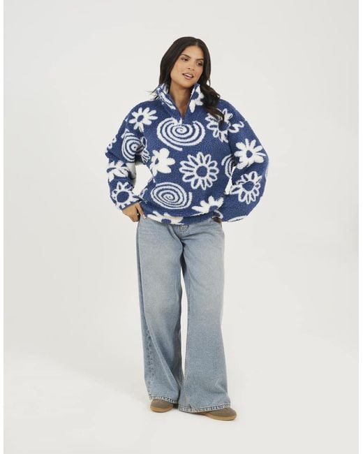 Brave Soul Blue Quarter Zip Flower Print Sherpa Fleece