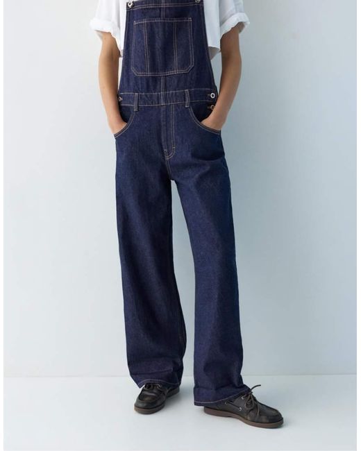 Pull&Bear Blue Long Denim Dungarees