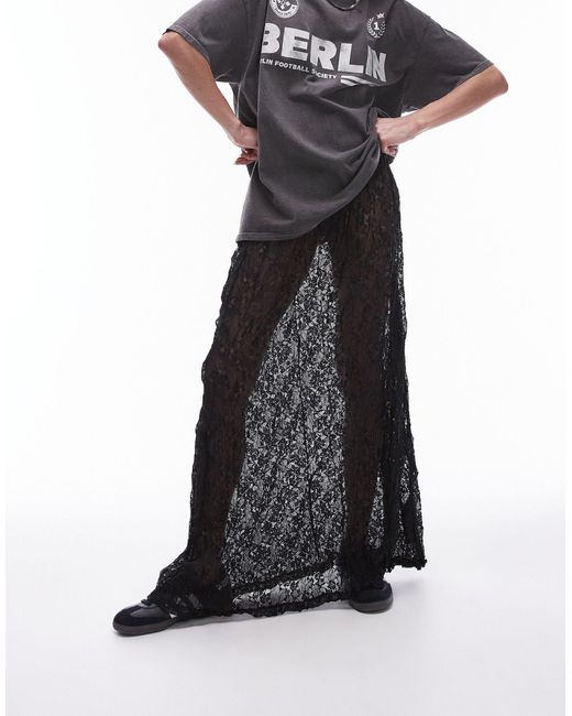 TOPSHOP Black Sheer Lace Crinkle Column Midi Skirt With Elasticated Waist