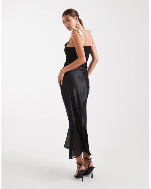 New Look Black Satin And Chiffon Bias Midi Skirt