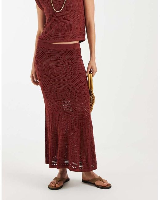 Aware Red Mid Rise Patterened Crochet Midi Skirt Co-ord