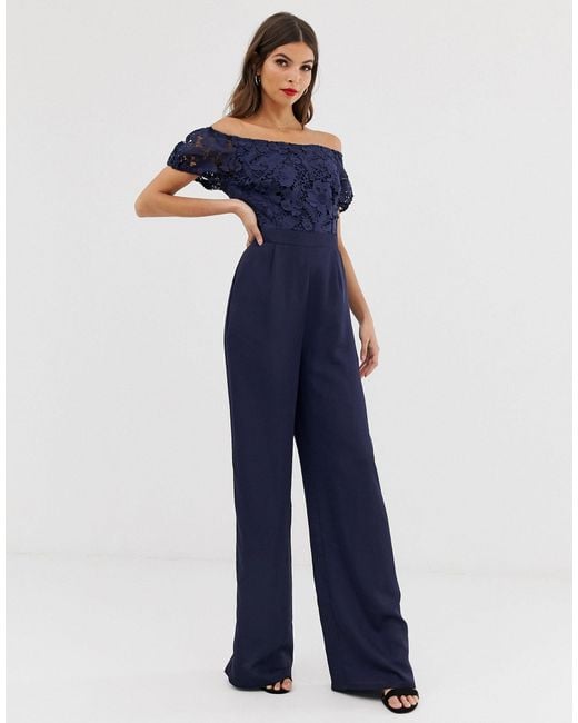 Little Mistress Blue Lace Top Bardot Wide Leg Jumpsuit