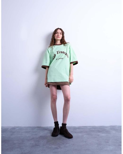 TOPSHOP Green Graphic San Francisco Oversized Tee