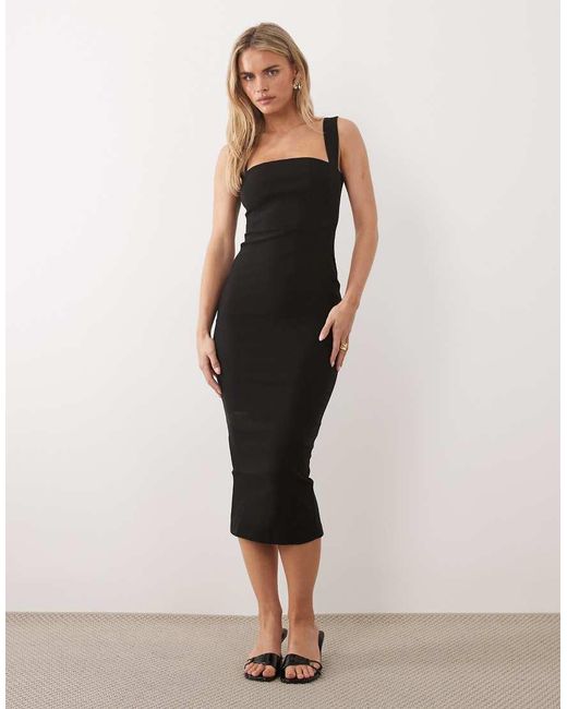 Vesper Petite Black Bengaline Square Neck Mesh Panel Dress