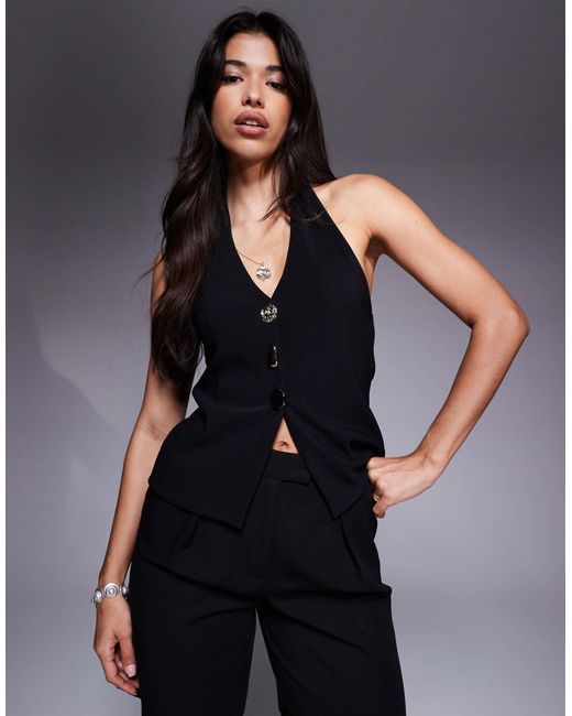 ASOS Blue Rib Halter Neck Waistcoat With Gold Button Detail
