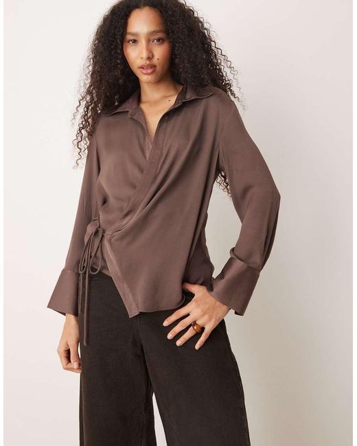 Mango Brown Satin Drape Shirt With Tie Side