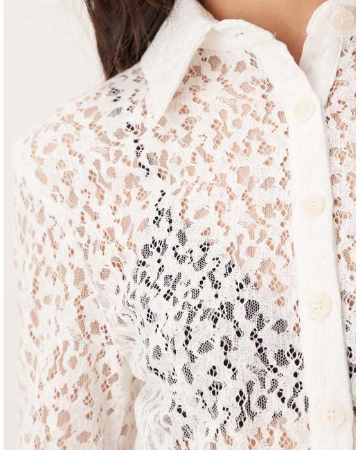 Ghospell Natural Cotton Blend Open Knit Lace Button Up Scallop Edge Shirt