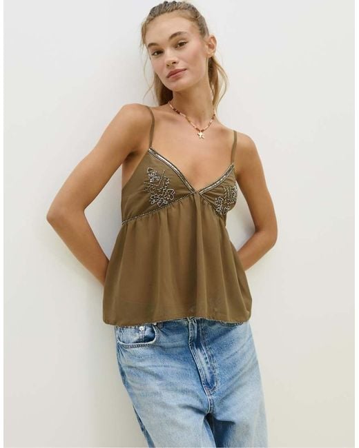 Stradivarius Blue Loose-fitting Strappy Top With Beaded Embroidery