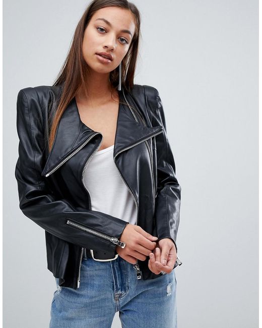 Forever Unique Black Faux Leather Jacket With Shoulder Pads