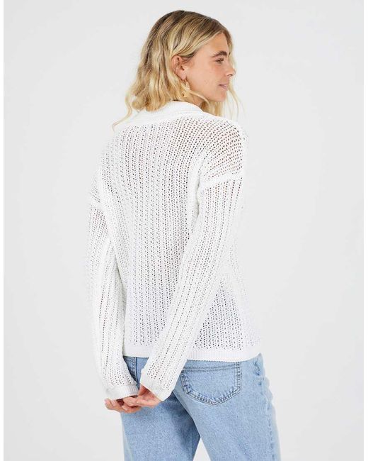 Brave Soul White Collared V-Neck Open Mesh Knit Jumper