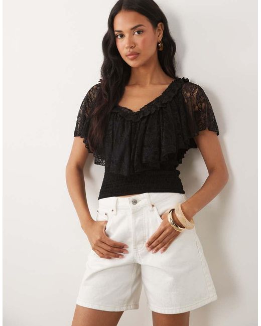 ASOS Black Shirred Lace Flutter Detail Top