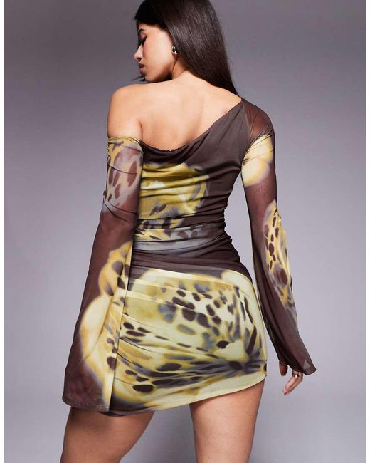 ASOS Multicolor Printed Mesh Off Shoulder Mini Dress With Angel Sleeve