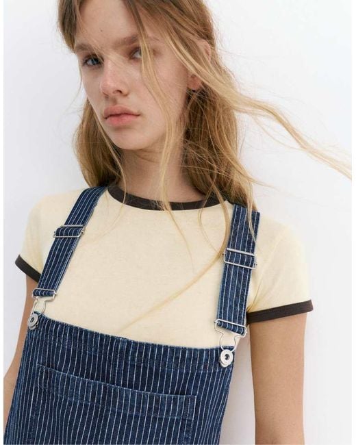 Pull&Bear Blue Long Striped Denim Dungarees