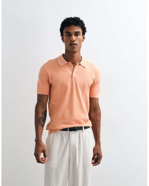 Mango Orange Knitted Revere Collar Polo Top for men