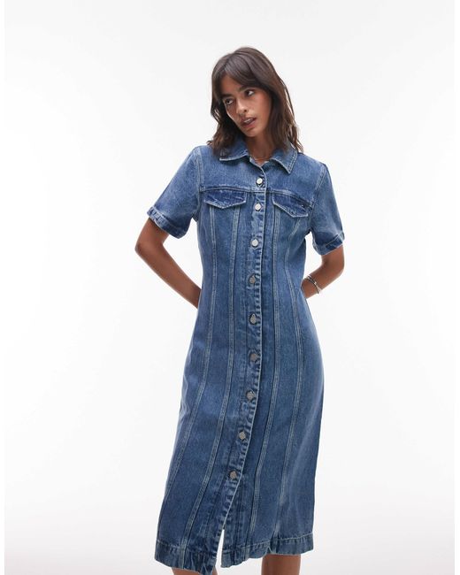 Robe chemise mi-longue en jean à manches courtes Tommy Hilfiger en coloris Blue