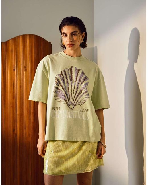 TOPSHOP Yellow Graphic Cap D'antibes Shell Oversized Tee