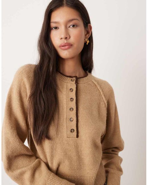 ASOS Blue Knitted Long Sleeve Henley Jumper With Tipping