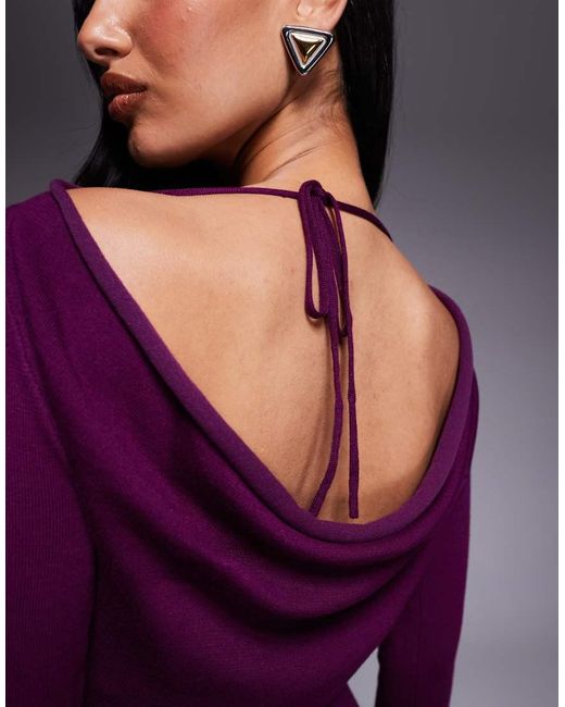 Kaiia Purple Exclusive Cowl Tie Back Long Sleeve Fine Knit Maxi Dress