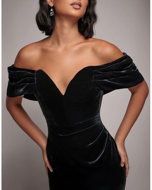 Goddiva Black Off The Shoulder Deep Plunge Velvet Maxi Dress