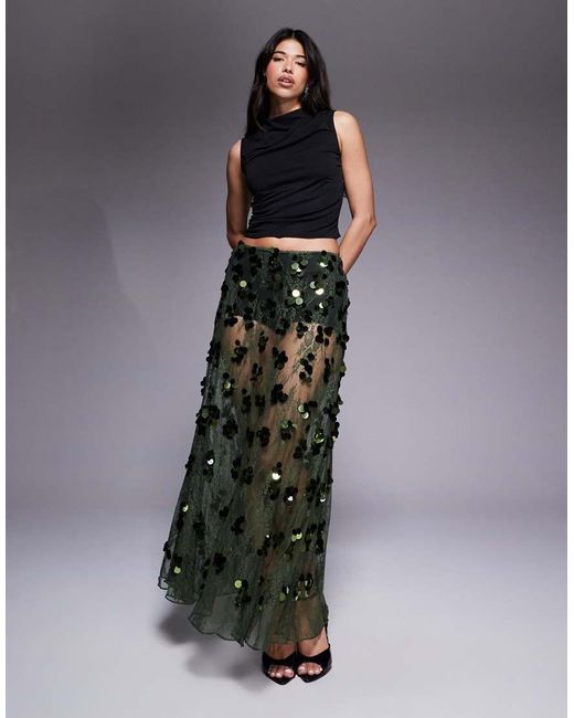 ASOS Black Sequin Embellished Lace Godet Maxi Skirt