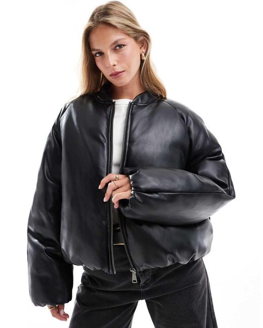 ASOS Black Leather Look Padded Bomber Jacket With Bubble Hem