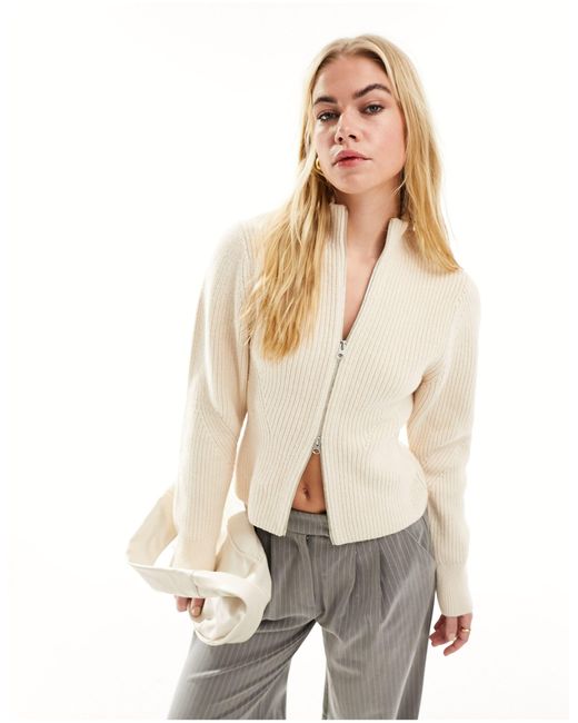 & Other Stories White Merino Wool And Cotton Blend Cardigan With Zip Front And Sculptural Sleeves