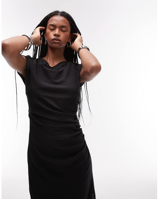 Mango White Cap Sleeve Midi Dress With Ruched Side