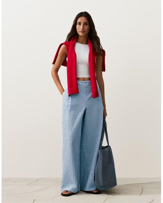 Oysho Blue Cotton Blend Striped Straight-Leg Trousers