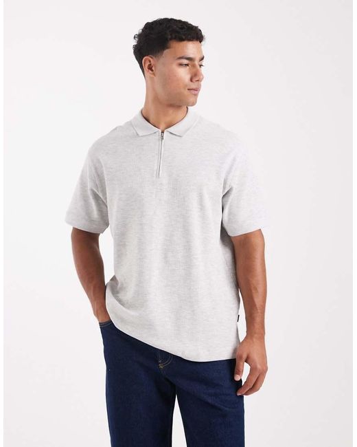 Jack & Jones White Premium Zip Textured Polo for men