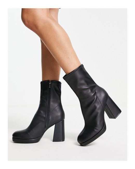 Bershka Faux Leather Heeled Ankle Sock Boot in Black | Lyst