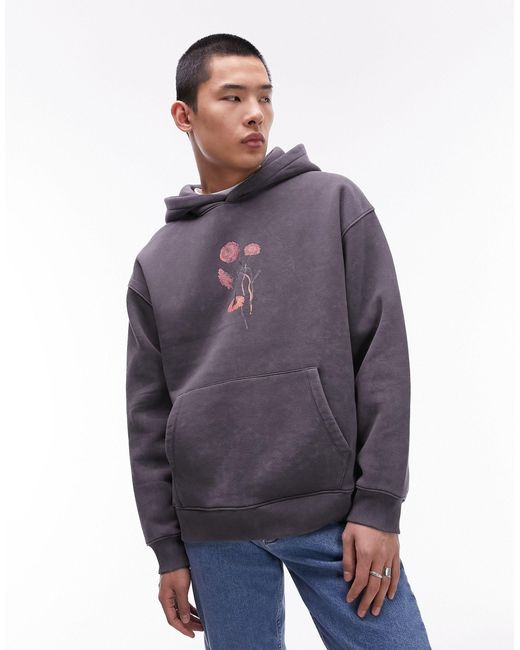 Topman Purple Oversized Fit Hoodie With Front And Back Painted Floral Print for men