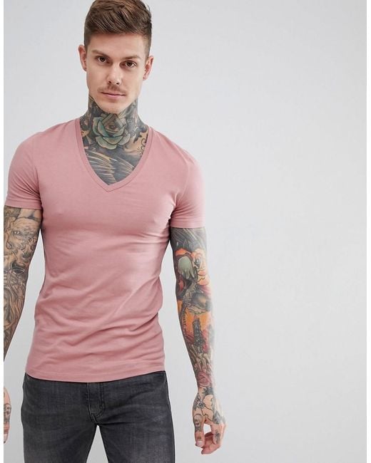 ASOS Muscle Fit T-shirt With Deep V Neck In Pink for men