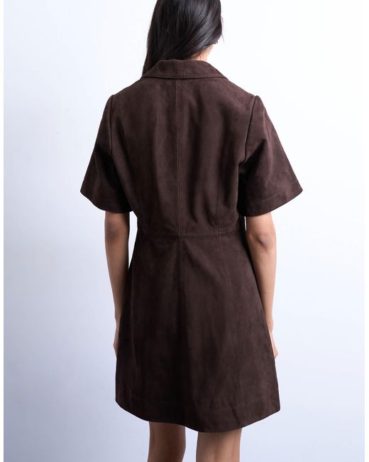 TOPSHOP Brown – mini-hemdkleid aus echtem wildleder