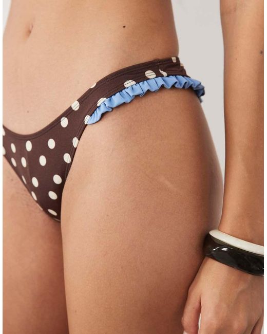 ASOS Natural Bonnie Polka Dot High Leg Bikini Bottom With Ruffle Trim
