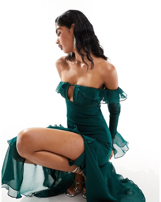 Plus Emerald Green Lace Detail Corset Velvet Midaxi Dress