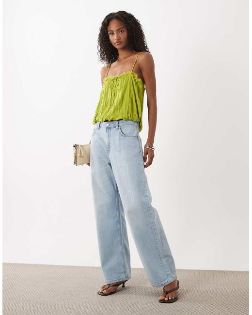 ASOS Green Crinkle Cami With Bubble Hem And Mesh Trim