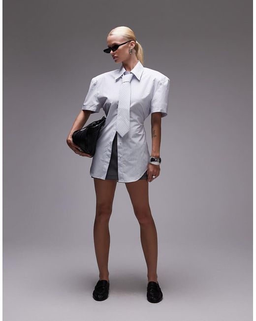 ASOS Gray Shoulder Pad Short Sleeve Shirt With Tie