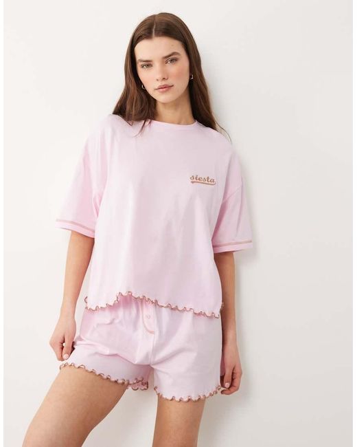 ASOS Pink Embroidered Siesta Slogan Short Sleeve Tee And Shorts Pyjama Set With Lettuce Edge